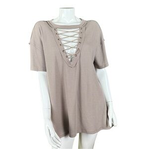 BKE lace-up thermal top waffle knit tee womens short sleeve T-Shirt large